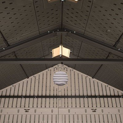Close-up interior view of the Lifetime storage shed's roof truss and skylight panel.
