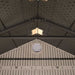 Close-up interior view of the Lifetime storage shed's roof truss and skylight panel.