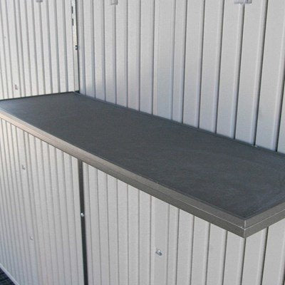 Close-up of the Lifetime storage shed's interior steel-reinforced shelf.