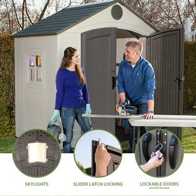 Lifetime 8x5 ft. storage shed feature callouts: skylights, slider latch locking, and lockable doors, with couple nearby.