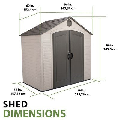 Lifetime 8x5 ft. storage shed exterior dimensions diagram showing width, depth, and height measurements.