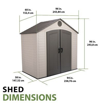 Lifetime 8x5 ft. storage shed exterior dimensions diagram showing width, depth, and height measurements.