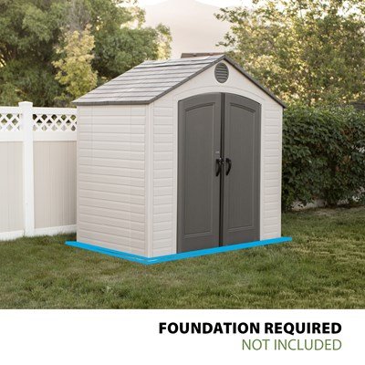 Lifetime 8x5 ft. storage shed studio shot noting foundation required, not included.