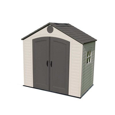 Studio product shot of the Lifetime 8x5 ft. storage shed, front angle, closed doors, side window visible.