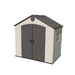 Studio product shot of the Lifetime 8x5 ft. storage shed, front angle, closed doors, side window visible.