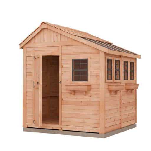 Outdoor Living Today Sunshed 8x8 Garden Shed with sturdy framing and functional windows, ideal for garden enthusiasts.