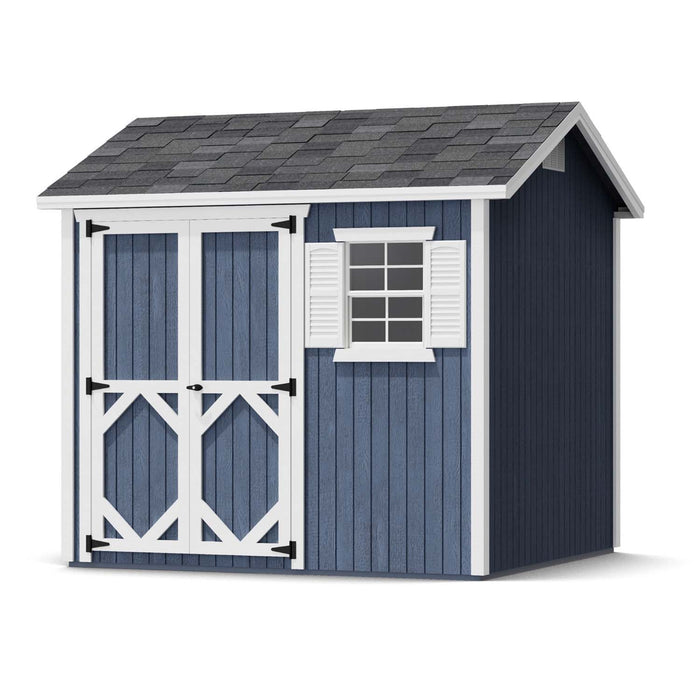 Blue 8x8 Classic Workshop Shed with double doors and one window featuring white shutters and trim, shown in angled front view with gray shingle roof.
