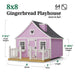 Little Cottage Co. 8x8 Gingerbread Playhouse in pink with white trim and heart window, featuring 3-foot deck, 7′9½″ peak height, and 64 sq. ft. floor area.
