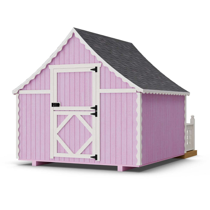 Rear view of Little Cottage Co. 8x8 Gingerbread Playhouse in pink with white trim, scalloped edges, and a charming split Dutch door under gray shingle roof.