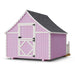 Rear view of Little Cottage Co. 8x8 Gingerbread Playhouse in pink with white trim, scalloped edges, and a charming split Dutch door under gray shingle roof.