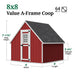 Little Cottage Co. 8x8 Value A-Frame Chicken Coop in red with white trim, showing dimension labels for peak height, sidewall height, width, and length.