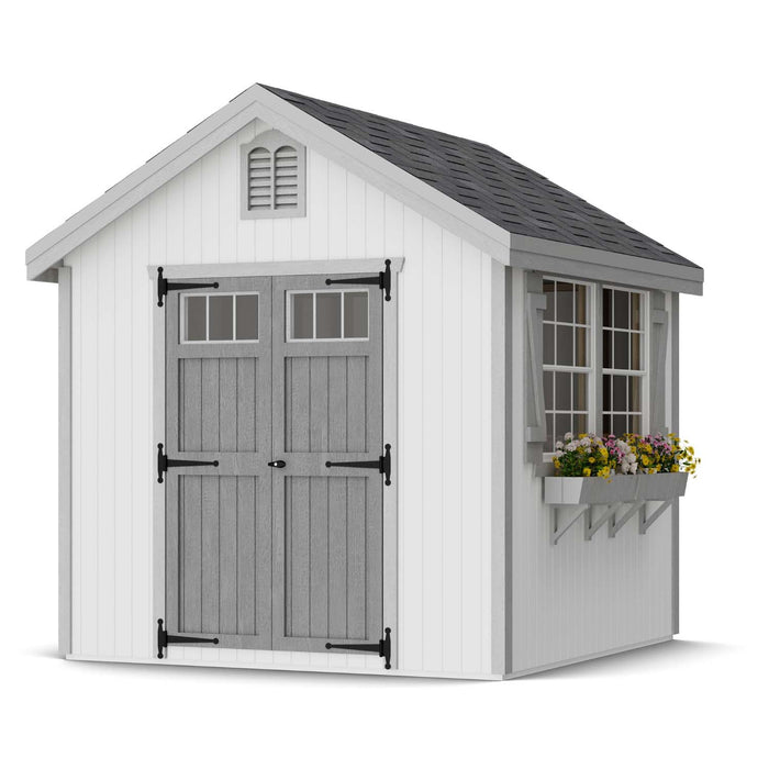 8x8 Little Cottage Co. Colonial Williamsburg shed with gray double doors, window flower box, and vented gable under a dark shingled roof.