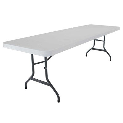 Heavy-duty 96-inch Lifetime folding banquet table with white top and powder-coated steel frame for indoor or outdoor use.