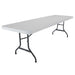 Heavy-duty 96-inch Lifetime folding banquet table with white top and powder-coated steel frame for indoor or outdoor use.