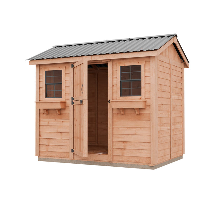 Outdoor Living Today 9x6 Cabana Shed with metal roof and two front windows designed for compact backyard storage