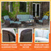 The Tortuga Outdoor Sea Pines 6-Piece Outdoor Wicker Sofa Set - Java features wicker frames, light blue cushions, and a glass coffee table on a stone patio. Inset images highlight frame details, resin wicker, and close-ups of the fabric by Tortuga Outdoor.
