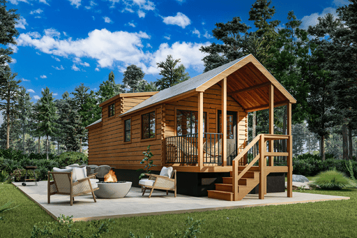 A 3D rendering of Aspen Cabin nestled in a lush green forest. The cabin has a warm wood exterior, a metal roof, and a small porch with a seating area. A fire pit with outdoor seating is in the foreground, and tall trees surround the cabin.