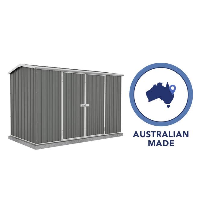 Absco Premier 10' Metal Storage Shed with 'Australian made and owned' badge, isolated on white.