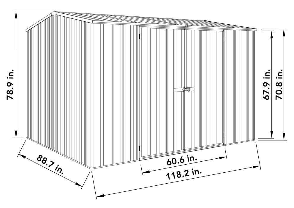 Line drawing showing the dimensions of the Absco 10 x 7 ft Premier Metal Storage Shed.