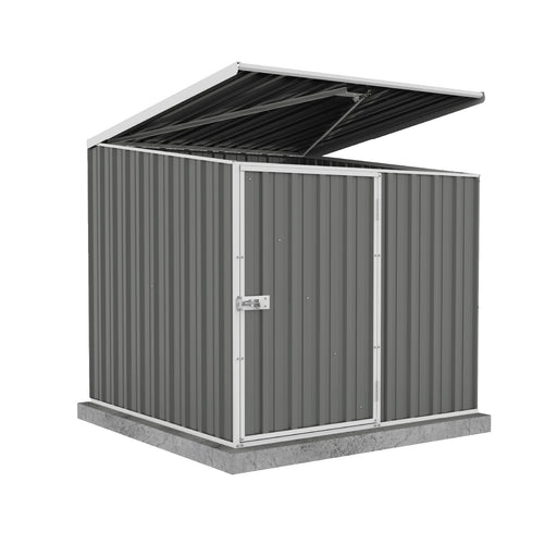 Half-opened Absco Metal Pool Pump 5 x 5 ft Outdoor Shed in Woodland Gray on a white background.