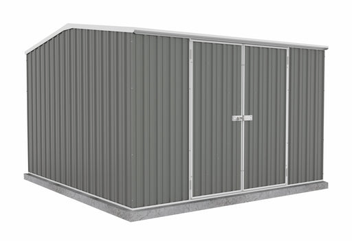 The 10 x 10 ft Absco Premier Outdoor Metal Storage Shed in white background.