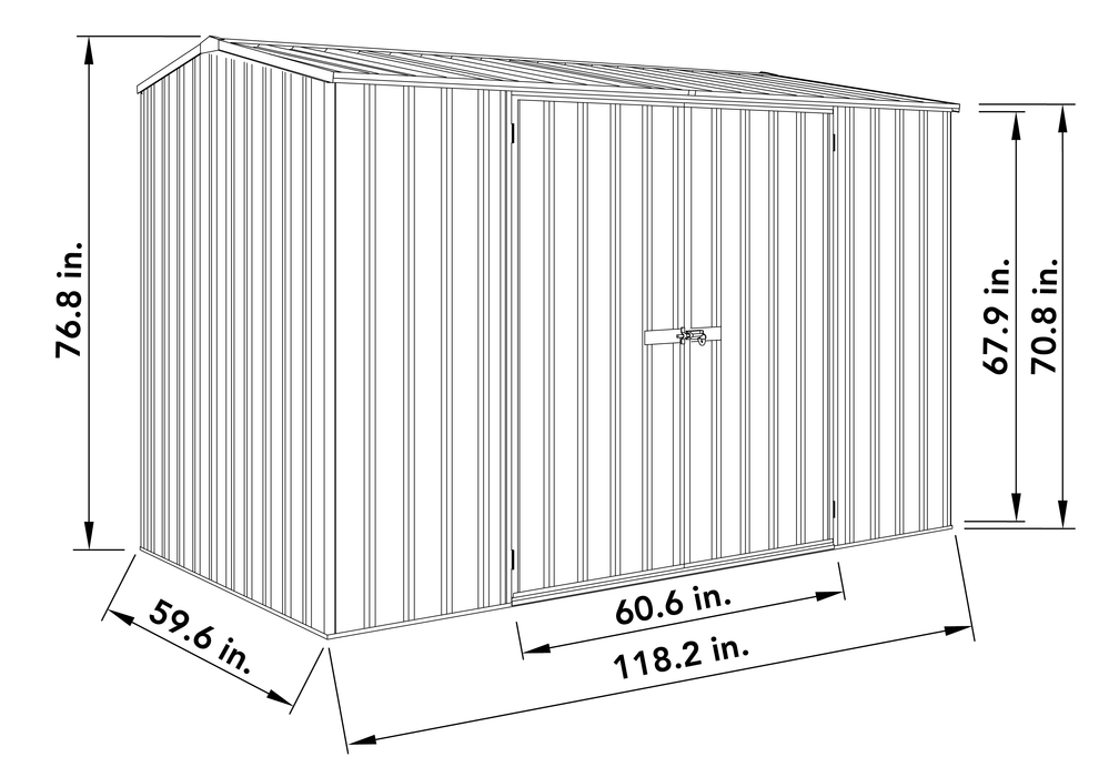Line drawing showing the dimensions of the Absco 10 x 5 ft Metal Premier Storage Shed.