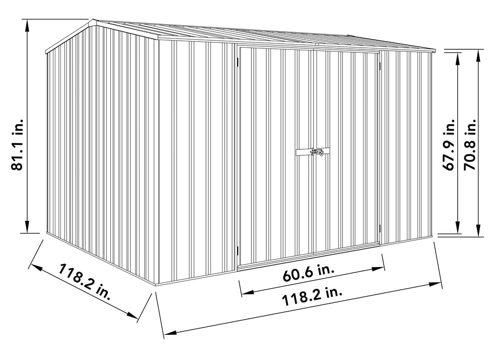 Line drawing showing the dimensions of the Absco 10 x 10 ft Steel Monument Storage Shed