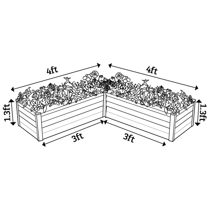 Illustration showing the dimensions of Metal L Garden Bed 4' x 4' x 1.3'