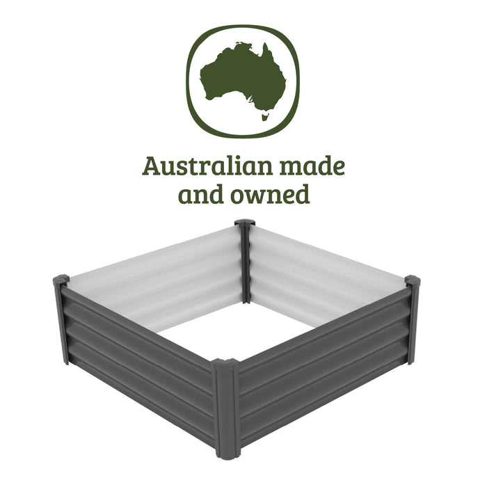 The Organic Garden Co Absco Metal Square Garden Bed with 'Australian made and owned' badge, isolated on white.