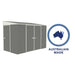 Absco 10' x 5' Lean To Bike Shed in Woodland Gray with 'Australian made and owned' badge, isolated on white.