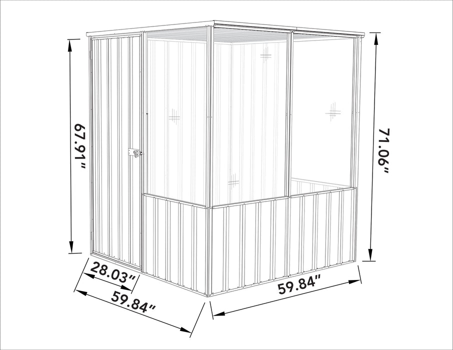Line drawing showing the dimensions of the Absco Chicken Coop 5' x 5' in Pale Eucalypt.