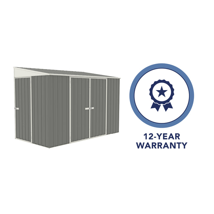 Absco 10' x 5' ft Lean To Metal Bike Shed with a '12 Year Warranty' badge, on a white background.