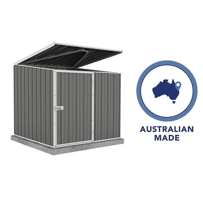 Absco Multipurpose Metal Pool Pump Shed 5x5ft with 'Australian made and owned' badge, isolated on white.