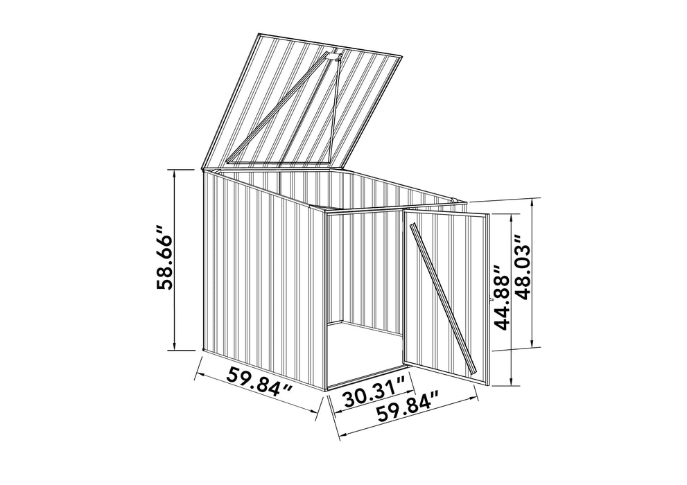 Line drawing showing the dimensions of the Absco Multipurpose Steel Shed 5' x 5' in Woodland Gray.