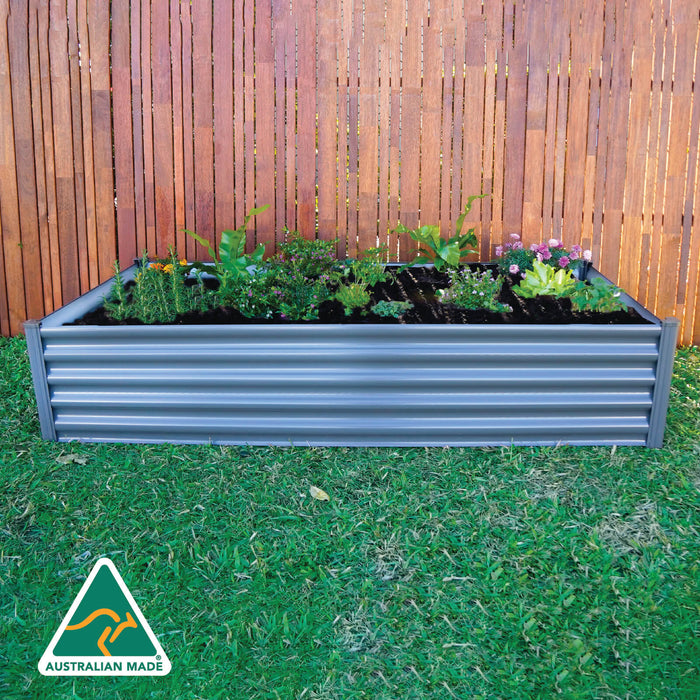 Absco 6x3ft The Organic Garden Co Metal Rectangle Garden Bed fully assembled with a variety of plants, placed in front of a wooden fence with the Australian Made logo at the bottom left corner.