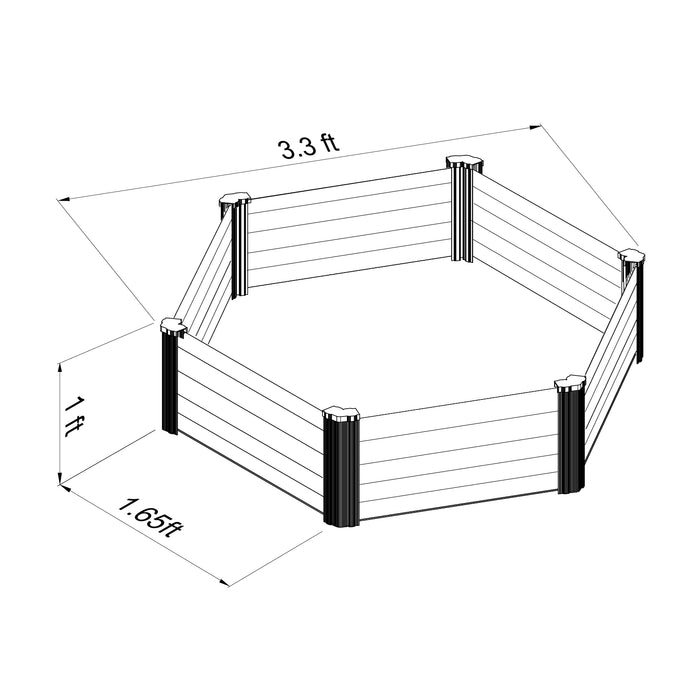 Line drawing showing the dimensions of the Absco Metal Hex Garden Bed.