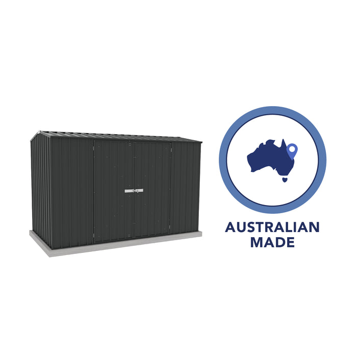 Absco Premier 10' Metal Storage Shed Monument with 'Australian made and owned' badge, isolated on white.