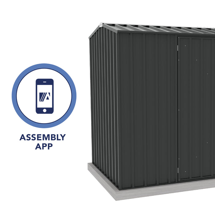 The Absco Premier Metal Storage Shed highlighting the Assembly App.