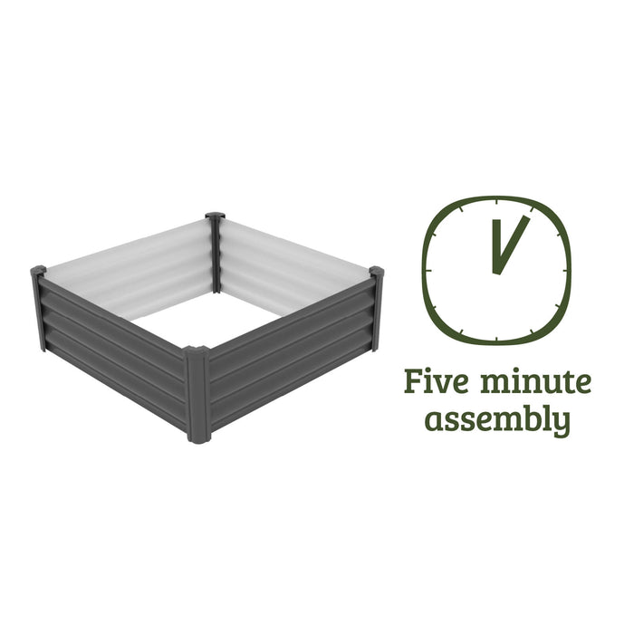 The Absco 4 by 4 feet Steel Garden Bed featuring a 'Five minute assembly' badge, on a white background.