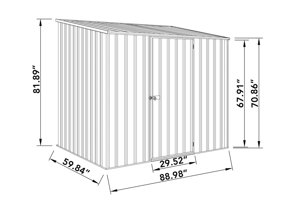 Line drawing showing the dimensions of the Absco AB1108 Garden Shed 7.5' x 5' in Woodland Gray.
