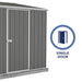 Absco Metal Garden Shed Space Saver in Woodland Gray featuring its single door.