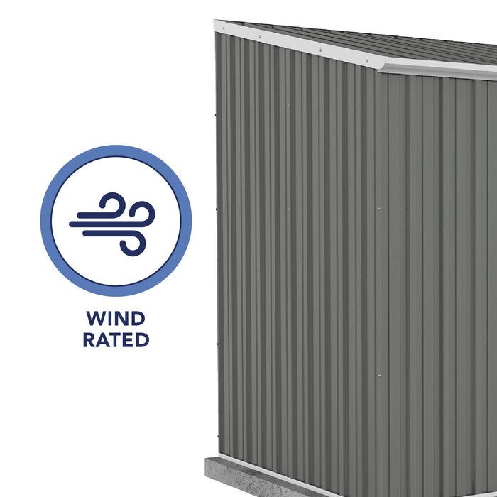 The Absco Single Door Garden Shed in Woodland Gray highlighting its Wind Rated feature.