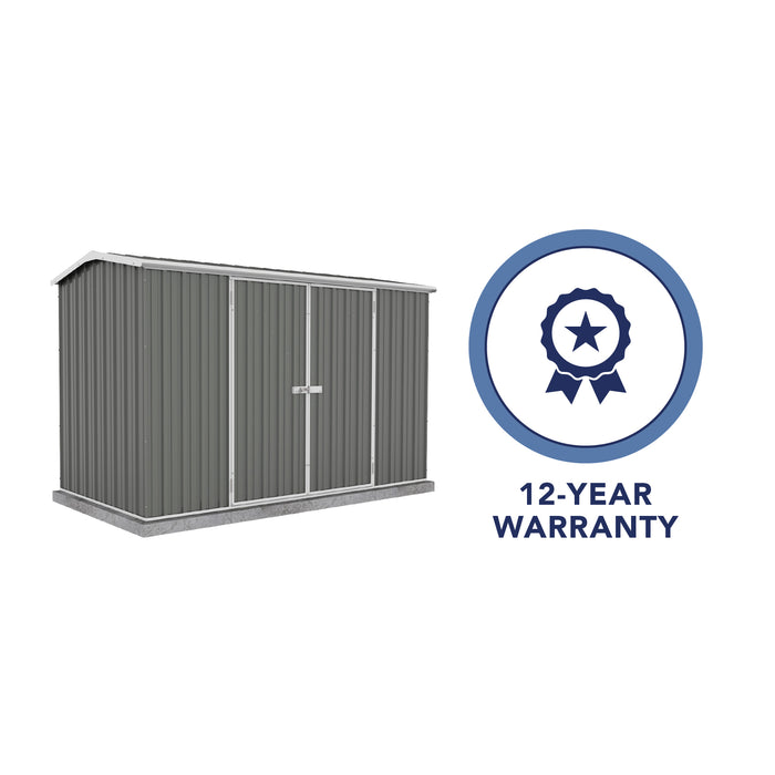 The Absco 10ft Metal Storage Shed with a '12 Year Warranty' badge, on a white background.