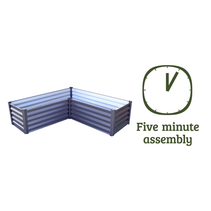 Five minute assembly icon with The Organic Garden Co metal L garden bed.
