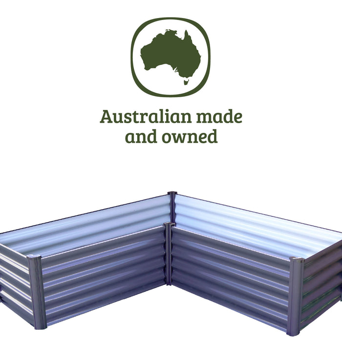 Australian made and owned certification icon with the Absco 4' x 4' x 1.3' metal L garden bed.