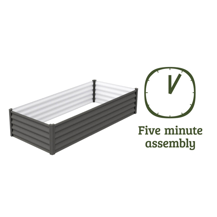 Graphic of Absco 6' x 3' The Organic Garden Co Metal Rectangle Garden Bed highlighting five-minute assembly feature on a white background.