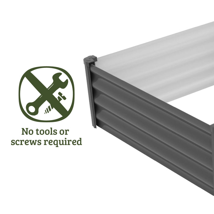 Absco 4' x 4' Metal Square Plant Bed highlighting 'No tools or screws required' feature, on a white background.