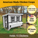 Promotional image of the Farmhouse Model OverEZ Chicken Coop, highlighting the American-made craftsmanship with capacity for up to 15 chickens.