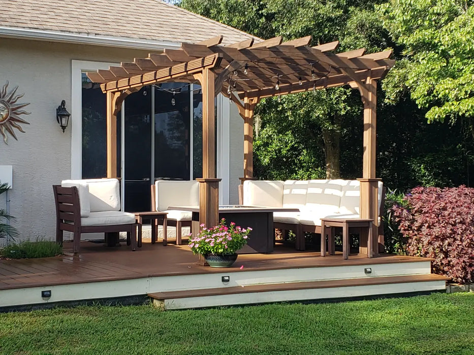 Amish Gazebos Pergola-In-A-Box on a patio with couches