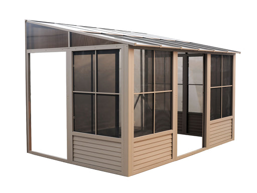 Angled perspective of the Gazebo 8x12 Solarium, emphasizing the sand polycarbonate roof and the spacious interior.